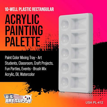 U.S. Art Supply 10-Well Plastic Rectangular Artist Painting Palette - Paint Color Mixing Tray - Art Students, Classroom, Craft Projects, Fun Parties, Events - Brush Mix Acrylic, Oil, Watercolor - size: 10-Well Rectangular