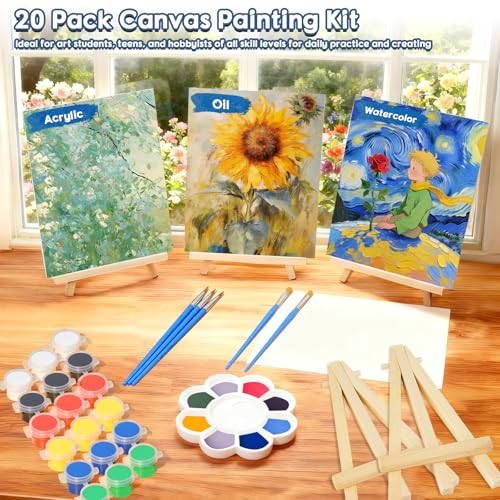 20 Set Acrylic Paint Canvas Set, 4 inches Mini Art Painting Supplies Kit with 6 Colors Acrylics Paint Table Wood Easel Canvas Panels Paint Brushes Palette for Beginner Artist Adults Birthday