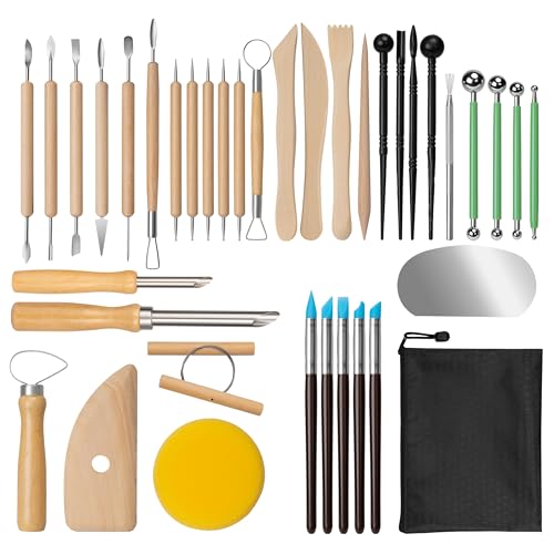 Amrules Pottery Tools, 38 PCS Polymer Clay Sculpting Tools Set, Ceramic Kit for Beginner, Adults, Pottery Craft, Carving, Drawing, Molding, Modeling, Shaping - color: Lightyellow-38Pcs