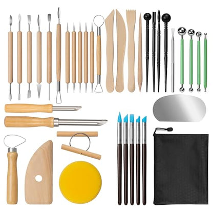 Amrules Pottery Tools, 38 PCS Polymer Clay Sculpting Tools Set, Ceramic Kit for Beginner, Adults, Pottery Craft, Carving, Drawing, Molding, Modeling, Shaping - color: Lightyellow-38Pcs
