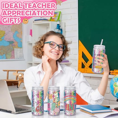 Meanplan 24 Pcs End of Year Teacher Appreciation Gifts DIY Snow Globe Tumbler Starter Kit, 16 oz 4 Double Wall Cups, UV Dtf Cup Wraps Glitter Sequins Tools for Back to School Birthday Retirement Gifts - style: Teacher Appreciation