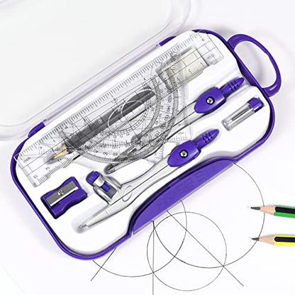 Unjoo Math Geometry Kit Sets 10 Piece Student Supplies with Shatterproof Storage Box,Includes Rulers,Protractor,Compass,Eraser,Pencil Sharpener,Lead Refills,Pencil,for Drafting and Drawings（Purple） - color: Purple