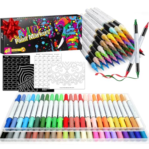 SFAIH 48 Colors Acrylic Paint Markers Set with Dual Tips (Brush & Chisel) for Artists & Crafters No Bleed, High Coverage Paint Pens for Rock, Canvas, Fabric, Ceramic - color: 48 Colors