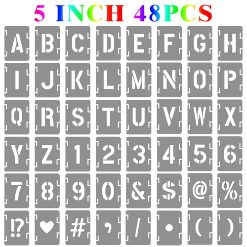 5 Inch Letter and Number Stencils Symbol Numbers Craft Stencils, 48 Pcs Reusable Alphabet Templates Interlocking Stencil Kit for Painting on Wood, Wall, Fabric, Rock, Sign, DIY Art Projects - style: 5 inch