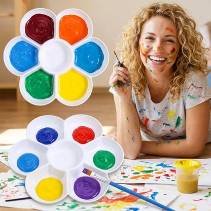 2 Pack White Watercolor Palette, 7 Well Plastic Paint Palette Tray 6.7 Inch Round Watercolor Painting Tray Non-Stick Professional Artist-Grade Mixing Palette for Gouache, Oil, Art Supplies
