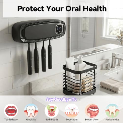 OTraki Black Wall Mounted Toothbrush Holders with Stainless Steel Rack, 4 Slots Toothbrush Holder Rechargeable Toothbrush Cleaner Holder with Fan Drying, No Drill Install