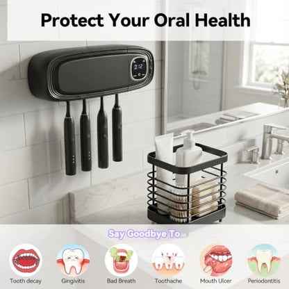 OTraki Black Wall Mounted Toothbrush Holders with Stainless Steel Rack, 4 Slots Toothbrush Holder Rechargeable Toothbrush Cleaner Holder with Fan Drying, No Drill Install