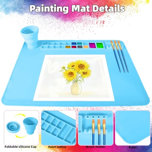 Silicone Painting Mat, 20"X16" Craft Mat,Large Art Mat with Built in Cup and Paintbrush Holder, Nonslip Clay Mats, Color Dividers Silicone Mats for Painting, Table, Resin and DIY Blue - color: Blue