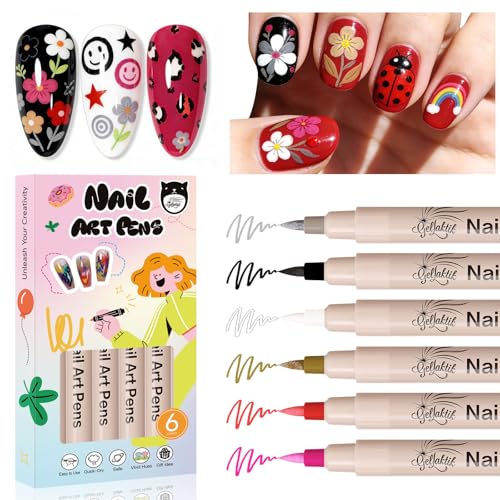 6 Color 3D Nail Art Pens Set, 0.7MM Nail Polish Pens Quick-Drying Acrylic Paint Markers, DIY Nail Design for Dotting Drawing Painting Liner, Home & Salon Manicure Tools Christmas Beginners Gifts - color: black