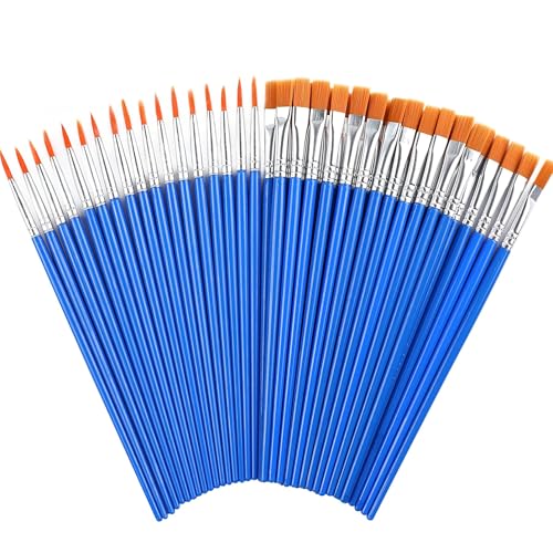 DECYOOL 60 Pcs Paint Brushes, Round Flat Small Brush Bulk for Painting | Shed-Free Nylon Bristles, Art Crafts School Projects, Flat Detail Painting, Crafts Face Painting - style: MIX(30Flat +30Round)