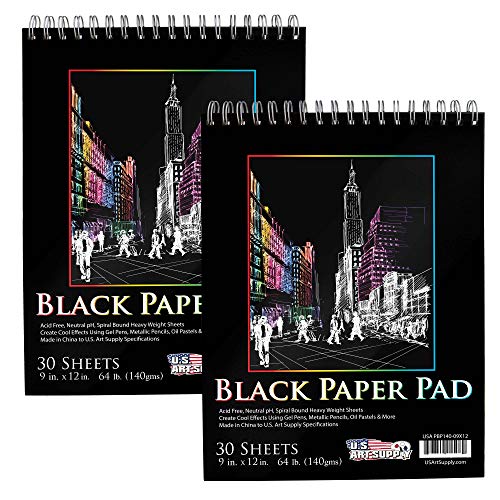 U.S. Art Supply 9x12 Premium Heavy-Weight Black Paper Sketchbook, 64lb (140gsm), 2 Pack, 30 Sheets, Spiral Bound, Black Paper Notebook for Colored Pencil, Markers, Oil Pastels, Chalk, Charcoal - size: 9-x-12-inch
