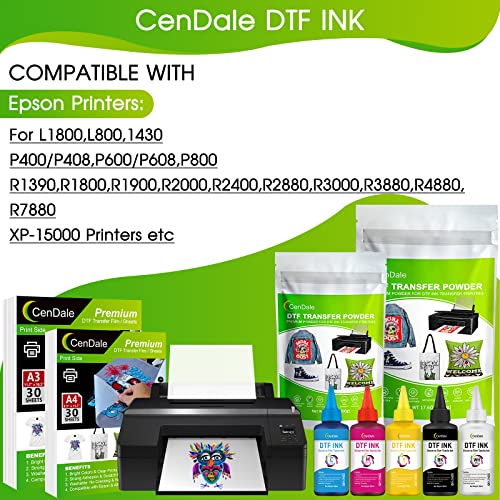 CenDale Premium DTF Ink 3000ML - DTF Transfer Ink for PET Film, Refill DTF Ink for Epson ET-8550, L1800, L800, XP15000, R2400, P400, P800, Heat Transfer Printing Ink Direct to Film (500ml x 6, CMYK W - color: 2 WH,CMYK, style: DTF Ink