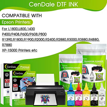 CenDale Premium DTF Ink 600ML- DTF Transfer Ink for PET Film, Refill for DTF Printers Epson ET-8550, XP-15000, L1800, L805, R1390, R2400, Heat Transfer Printing Direct to Film (100ml x 6, CMYK Wh) - color: 2 White,Cyan,Magenta,Yellow,Black, style: DTF Ink