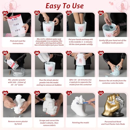 Hand Casting Kit for Couples with Base & Paints, Practice Kit, Hand Mold Kit Couples Perfect for Anniversary, Birthday, Romantic Date Night DIY, Unique Gifts for Boyfriend and Girlfriend