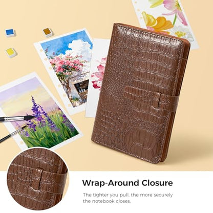 Lightwish Watercolor Sketchbook 100% Cotton, 300gsm (140lb) - 6.69" x 3.94" Hot Press Watercolor Paper Journal Notebook - 20 Sheets with PU Leather Cover for Drawing Mixed Media - color: Brown Faux Crocodile Texture