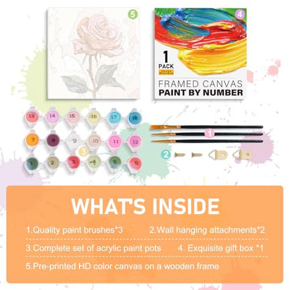 Offito Framed Paint by Numbers Kit for Adults Beginners & Kids Ages 8-12, Rose Flower Acrylic Easy Paint by Number with Frame, Number Painting Kits on Canvas Framed (12 * 12 Inch, Without Easel) - color: BOP1PF12, size: 12 x 12 Inch