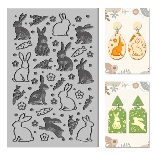 CHGCRAFT Easter Rabbit Polymer Texture Sheets Bunny Carrot Flowers Animals Rubber Texture Stamp Sheets Clay Texture Mat for Making Earrings Jewerly Polymer Clay Earrings Tools - style: Rabbit and Carrot