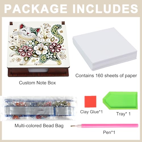 Diamond Painting Kit memo Box, Diamonds Art DIY Cat and Flowers Patterns Sticky Note Box Special Shape Drill, with 160 Sticky Note, Ideal for Home Office Supplies, Handicrafts, Holiday Gifts - color: Cat and flowers