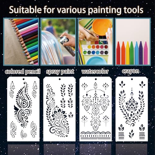 12 Sheets Haina Tattoo Stencils for Painting, 12 Styles Indian Arabian Tribal Designs Drawing Templates Reusable Art Stencil for Hand Forearm Painting on Wall Wood Home Decor - style: Haina Tattoo