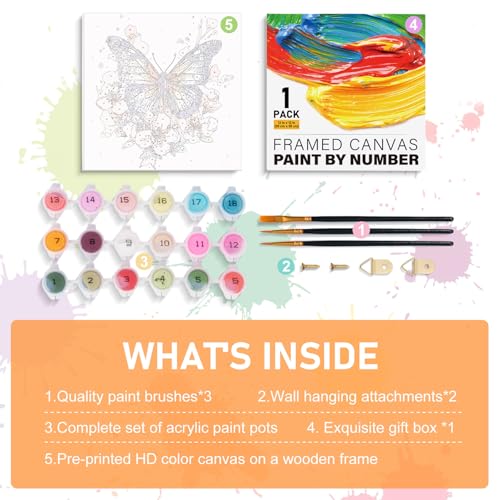 Framed Paint by Numbers Kit for Adults Beginners & Kids Ages 8-12, Butterfly Flowers Acrylic Easy Paint by Number with Frame, Number Painting Kits on Canvas Framed (12 * 12 Inch, without Easel) - color: BOP1PF05, size: 12 x 12 Inch
