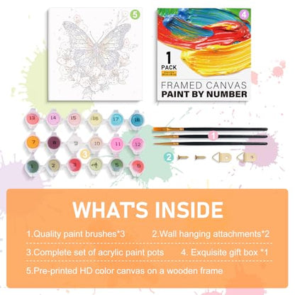 Framed Paint by Numbers Kit for Adults Beginners & Kids Ages 8-12, Butterfly Flowers Acrylic Easy Paint by Number with Frame, Number Painting Kits on Canvas Framed (12 * 12 Inch, without Easel) - color: BOP1PF05, size: 12 x 12 Inch