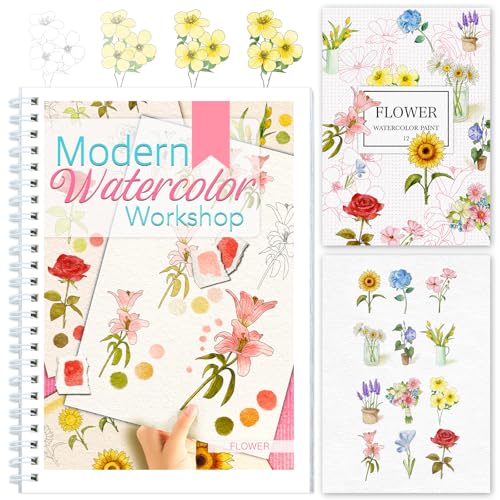 Watercolor Workbook with Step-by-Step - 12 Watercolor Coloring Pages - 100% Cotton 300gsm/140lb Watercolor Paper - Gift for Women, Adults, Beginners (Flowers) - style: Flowers
