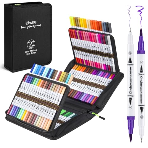 Ohuhu Markers for Adult Coloring Books No Bleeding 120 Colors Water-based Dual Tips Fineliner & Brush Coloring Markers for Kids Adults Beginners Drawing Pens for Journaling Lettering - Maui - White - color: White Pen, size: 1 Count (Pack of 120)