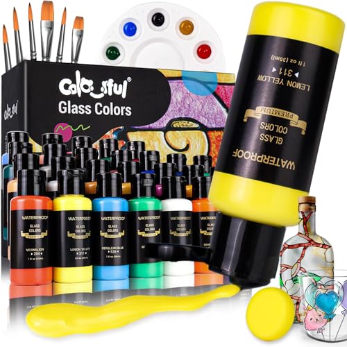 Colorful Stain Glass Paint Set with 6 Brushes, 1 Palette & 1 Sponge, 26 Colors Waterproof Permanent Glass Painting Kit for Arts on Wine Glasses,Bottle and Windows - color: 26 colors（1FL OZ）