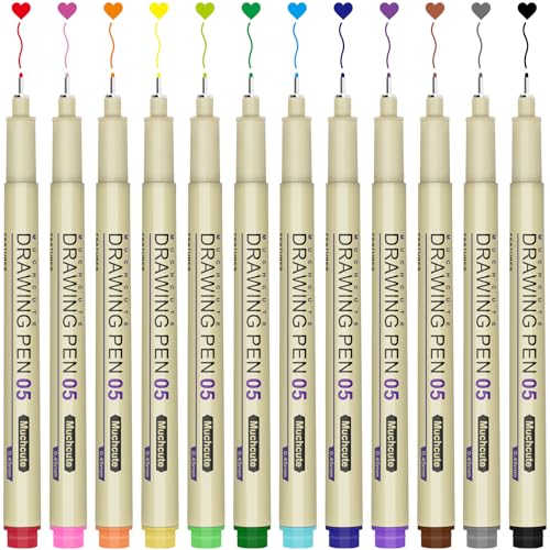 Muchcute 05 Micro Fineliner Drawing Art Pens: 12 Colors 0.45mm Extra Fine Point Bible No Bleed Smooth Journal Zentangle Study Supplies Colored Waterproof Line Ultra Needle Tip Fine liner Thin Gel Felt - color: 12 Colors 05(0.45mm)