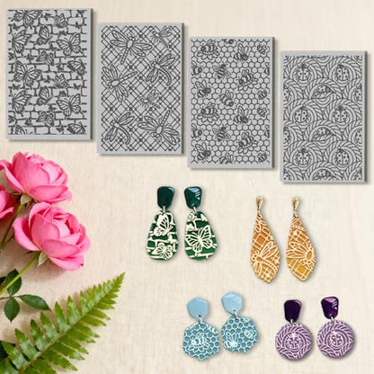 4 Sheets Insects Clay Texture Mat Artistic Textures Polymer Clay Texture Sheets DIY Tools for Pottery Earring Jewelry Making Stamp Engraving Machines, 3.9x2.6inch - color: Insects