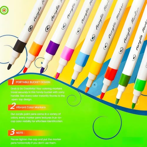 Acrylic Paint Markers Set with Portable Bucket, Premium Acrylic Paint Pens for Rock, Wood, Glass, Ceramic, Canvas, DIY Crafts with Soft Tip (60 PACK)