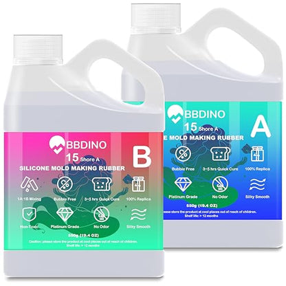BBDINO Shore 15A Platinum Silicone Mold Making Starter Kit, 3-Hour Fast Cure, 30-Min Pot Life, 38.8 oz, 1:1 Mix Ratio, Tools Included | 1A:1B Mixing Self Degassing 3 Hrs Quick Cure Molding Silicone Flexible & Durable -Ideal for Resin/Soap/Silicone Molds M
