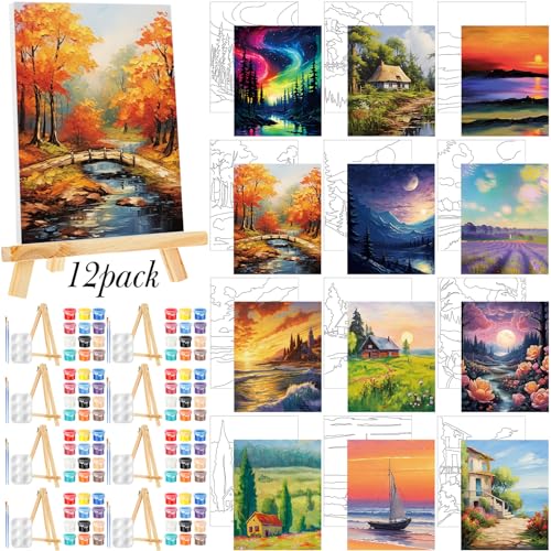 Zhanmai 72 Pcs 12 Sets Sip and Paint Kit Pre Drawn Canvas for Painting 8" x 10" Paint Party Canvas Painting Pre Printed Canvases for Party Favor DIY Virtual Adult's Date Night(Natural Scenery) - style: Natural Scenery
