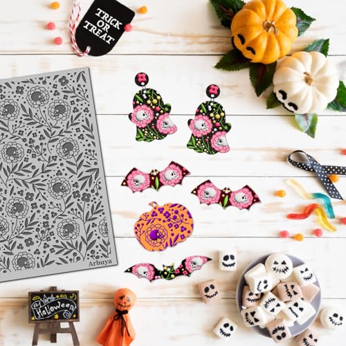Pumpkin Spooky Bat Polymer Clay Texture Sheets for Earring Jewerly Making,Skulls Spider Web Texture Mat for Clay Projects Earrings Tools，4pcs/Pack - style: 4 Sheets