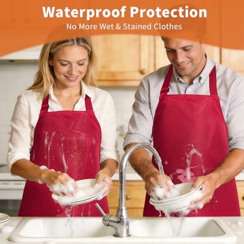 SHEOMERN Aprons for Men Kitchen Cooking – Waterproof & Oil Proof 3-Layer Long Pocket-Free Chef Apron for Grilling BBQ Baking – Gift for Men - color: Red