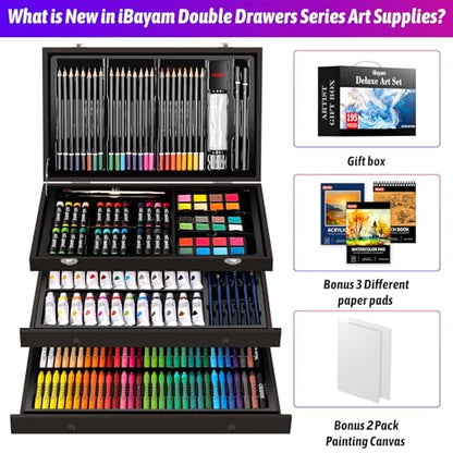 iBayam Deluxe Art Set,195-Pack Artist Gift Box, Arts and Crafts Drawing Painting Kit Art Supplies for Adults Teens Kids, Art Kits with 24 Acrylic Paint, Sketchbook, Canvases, Crayons, Pencils - color: Black