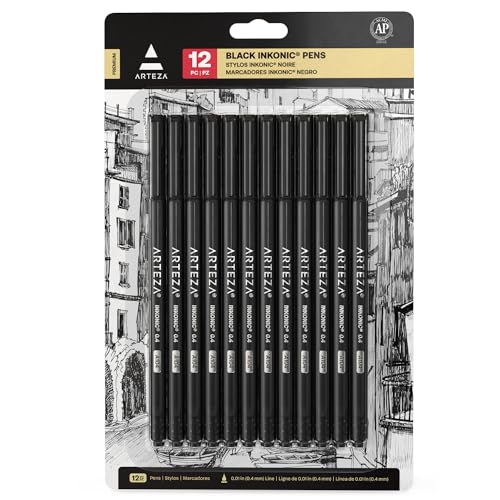 ARTEZA Black Inkonic Fineliners Pens, Set of 12, 0.4 mm Fine Tip Markers, Water-Based Art Pens for Drawing, Sketching, Journaling, Calligraphy - size: 1 Count (Pack of 12)