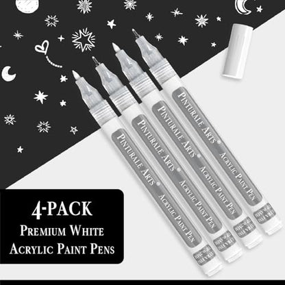 Pinturale Arts White Paint Pens Extra Fine Point | Set 4 White Acrylic Paint Pen Extra Fine Tip (0.7mm & 0.5mm) | For Black Paper, Ceramics, Rock Painting, Glass, Wood, Canvas, Metal - color: White