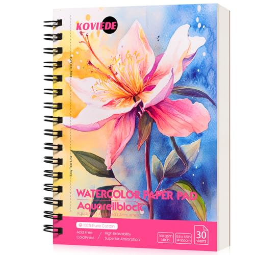 KOVIEDE 100% Cotton Watercolor Paper Pad 30 Sheets, Cold Press 140lb/300gsm Spiral Bound Watercolor Sketchbook, Artist Quality Art Journal Supplies (Floral-Pink, 5.5“x8.5) - color: Floral-Pink, size: 5.5“x8.5"