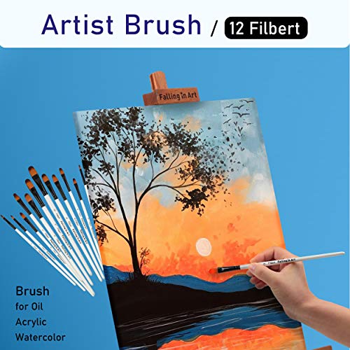 Falling in Art Paint Brushes Set, 12 PCS Nylon Professional Filbert Paint Brushes for Watercolor, Oil Painting, Acrylic, Face Body Nail Art, Crafts, Rock Painting - size: 12 Pcs Filbert Nylon