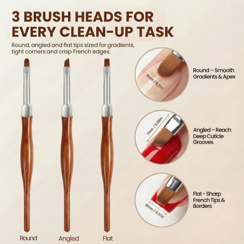 3PCS Nail Art Clean Up Brushes, Round/Angled/flat Acetone Resistant Gel Nail Polish Remover Brush, Nail Brushes for Tidying Up Polish Mishaps on Cuticles, and Nail Art Designs（Wood color） - color: Wood Color 3PCS