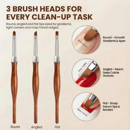 3PCS Nail Art Clean Up Brushes, Round/Angled/flat Acetone Resistant Gel Nail Polish Remover Brush, Nail Brushes for Tidying Up Polish Mishaps on Cuticles, and Nail Art Designs（Wood color） - color: Wood Color 3PCS