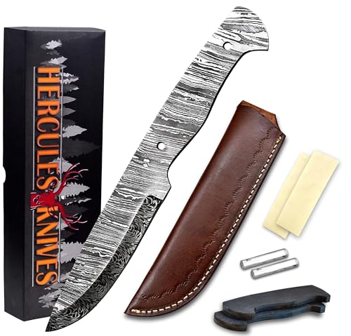 Custom Hand Forged Damascus Steel Blank Blade Knife Making Kit, Leather sheath, Pin, Scale, DIY Hunting, Camping Blade, Damascus Blade Billet Handmade, Knife Making Supply (BK-M) - color: BK-M