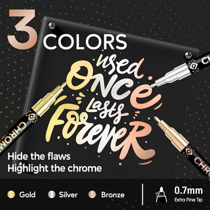 Pagather 3Pcs Chrome Paint Markers, Permanent Mirror Liquid Chrome Pens for Plastic, Metal, Model, Jewelry, Wheel Painting, Touch Up & Repair Kit, DIY Art Projects - style: 3PCS Silver,Gold,Bronze
