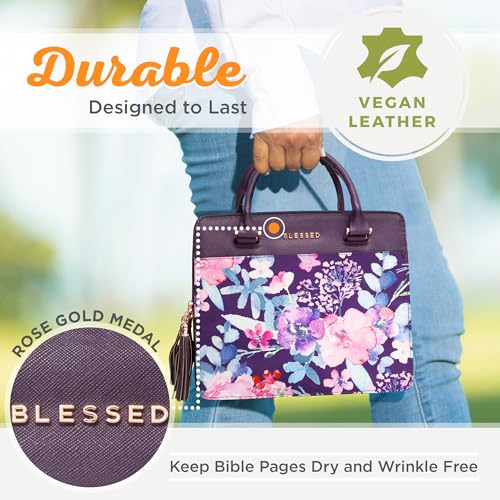 Christian Art Gifts Women's Fashion Bible Cover Purse Style Blessed, Purple Floral Faux Leather, Large - size: Large