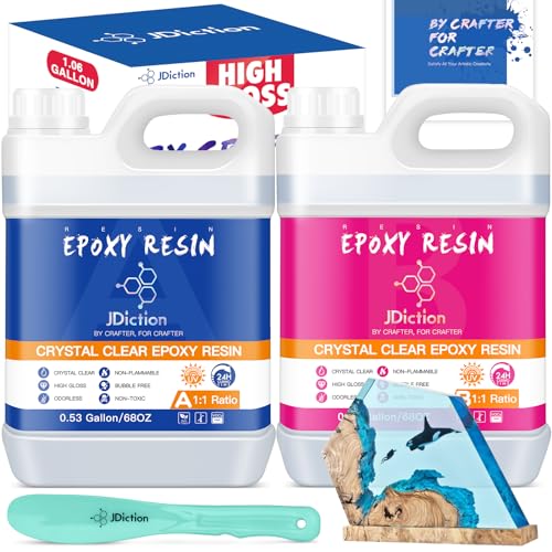 JDiction 1.06 Gallon Epoxy Resin - High Gloss Epoxy Resin Kit, Easy 1:1 Mix, Self Leveling, Non-Toxic, Crystal Clear & Bubble Free Coating and Casting Hardener for Jewelry, Art, Wood, Table Top - size: 135.68 fl oz