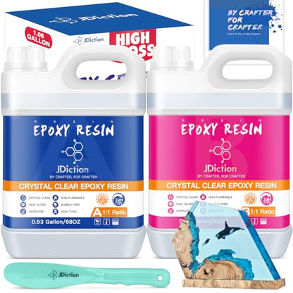 JDiction 1.06 Gallon Epoxy Resin - High Gloss Epoxy Resin Kit, Easy 1:1 Mix, Self Leveling, Non-Toxic, Crystal Clear & Bubble Free Coating and Casting Hardener for Jewelry, Art, Wood, Table Top - size: 135.68 fl oz