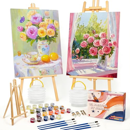OLDEGG Framed Paint by Numbers Kit for Adults Beginner,2 Pack Rose Floral Themed Adult Paint by Number Kits with Easels Brushes Paints,Paint by Numbers Perfect Crafts Gift Unique Wall Art 12x16 inch - color: Yellow Pink Flower-2pack