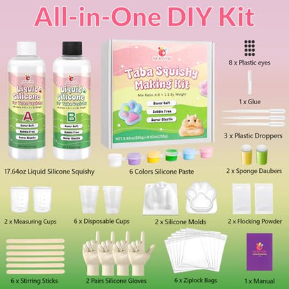 MUBYOK 17.64oz Liquid Silicone Taba Squishy Starter kit-DIY Your Own Super Soft FuFu Squishies with 1:1 AB Rubber Squishy,Cat Paw & Hamster Molds-Stress Relief Gifts for Beginners & Adults