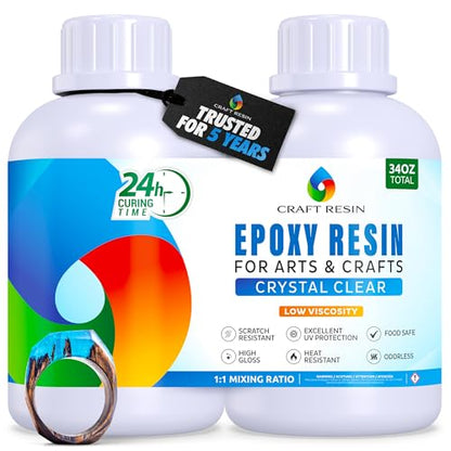 Craft Resin 34 Oz Crystal Clear Epoxy Resin Kit - Food Safe & UV Resistant for DIY Art, Wood, Jewelry Making, Coasters, Molds Casting Resin Epoxy - Low Viscosity, Self Leveling for Beginners & Pros - size: 34 Oz